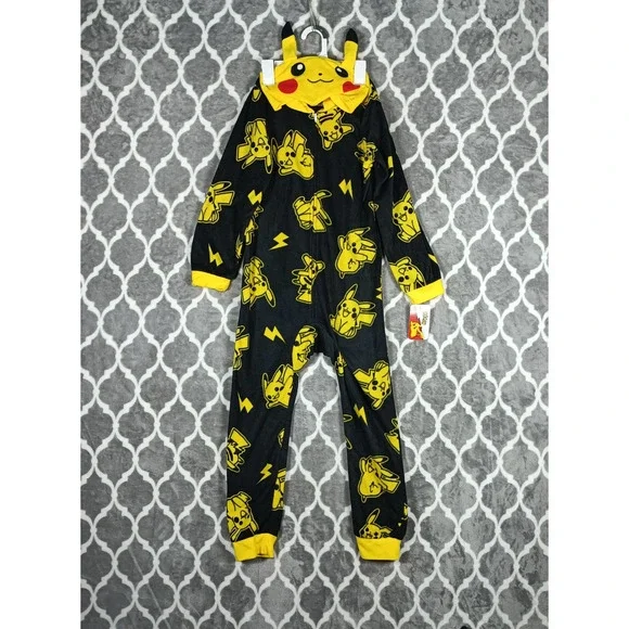 Pokemon Pikachu One Piece Pajamas Youth Medium 8/10 Black Yellow Hooded Fleece - Picture 1 of 9